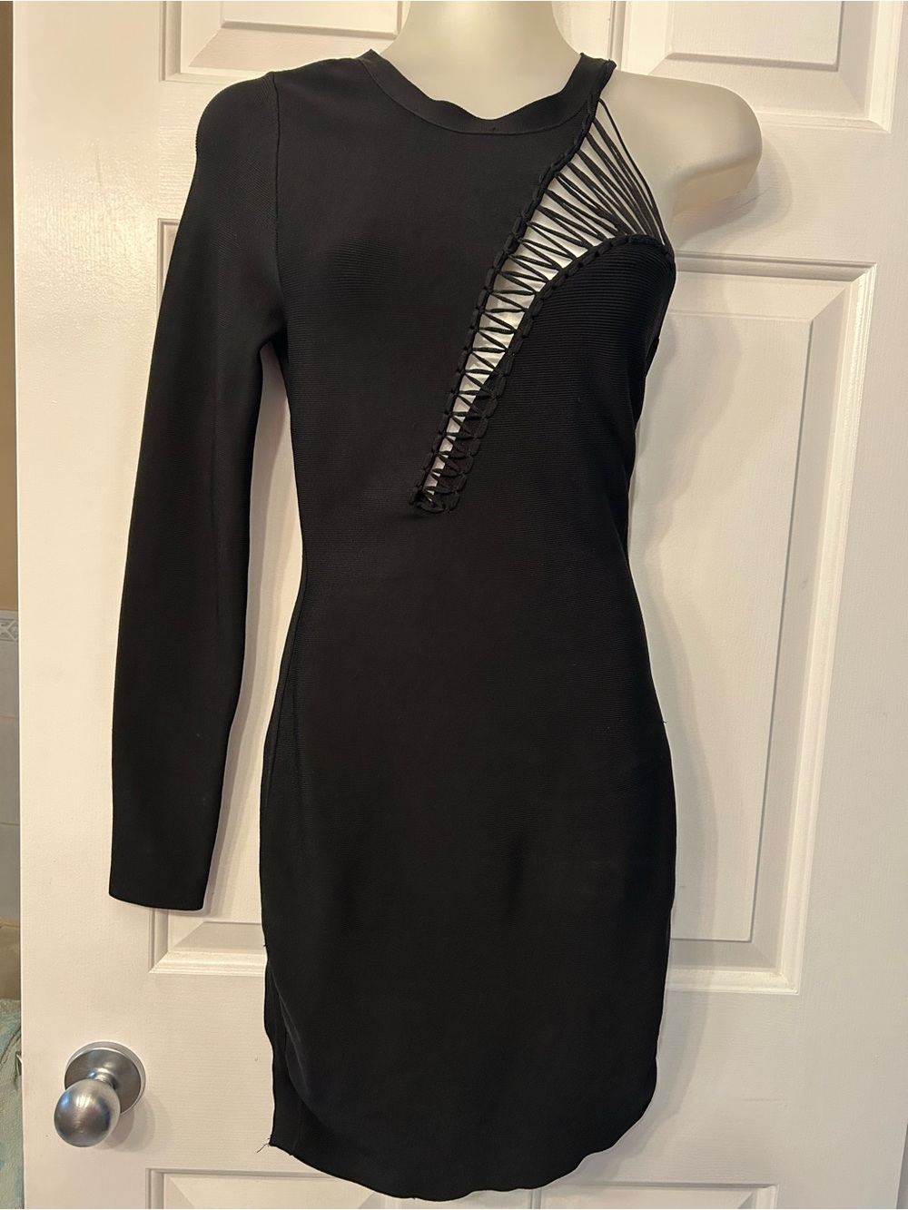 Guess Black Asymmetrical One-Sleeve Dress with Lace up Cutout detail. Medium